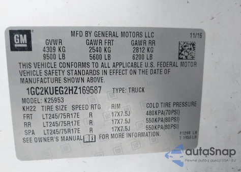 2017 Chevrolet Silverado 2500Hd Wt z USA, uszkodzony, nr VIN 1GC2KUEG2HZ169587